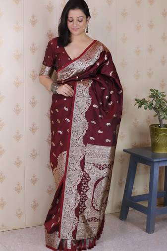 Brown color banarasi silk saree woven silver jari designer ceremonial partywear saree
