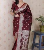 Brown color banarasi silk saree woven silver jari designer ceremonial partywear saree