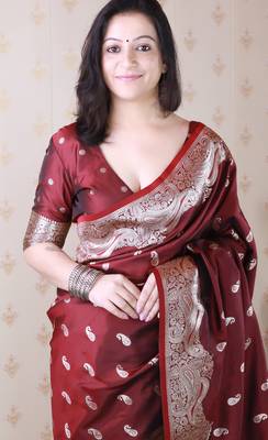 Brown faux banarasi silk blend saree woven silver zari ceremonial partywear saree 3