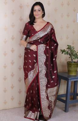 Brown faux banarasi silk blend saree woven silver zari ceremonial partywear saree 4