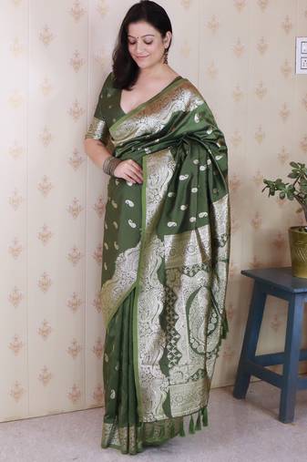 Mahendi color banarasi silk saree woven silver jari designer ceremonial partywear saree