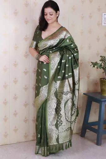 Mahendi color banarasi silk saree woven silver jari designer ceremonial partywear saree