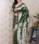 Mahendi color banarasi silk saree woven silver jari designer ceremonial partywear saree