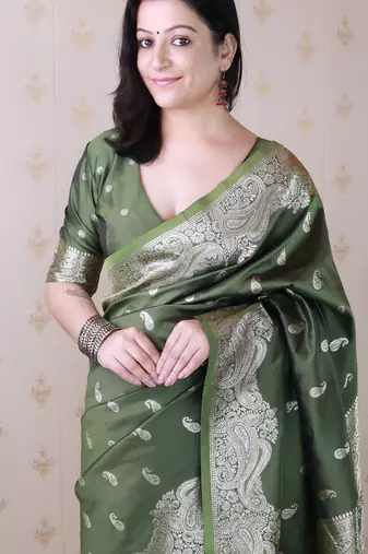 Mahendi faux banarasi silk blend saree woven silver zari ceremonial partywear saree