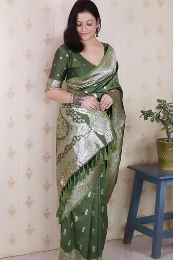 Mahendi faux banarasi silk blend saree woven silver zari ceremonial partywear saree