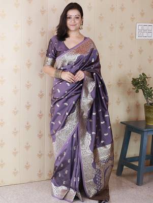 Grey faux banarasi silk blend saree woven silver zari ceremonial partywear saree 1