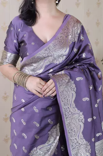 Grey faux banarasi silk blend saree woven silver zari ceremonial partywear saree