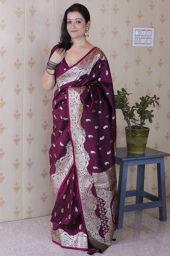 Wine color banarasi silk saree woven silver jari designer ceremonial partywear saree