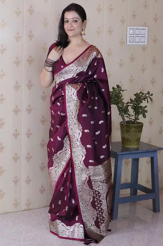 Wine color banarasi silk saree woven silver jari designer ceremonial partywear saree