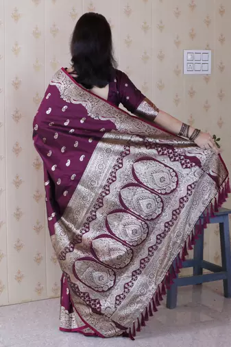Wine faux banarasi silk blend saree woven silver zari ceremonial partywear saree