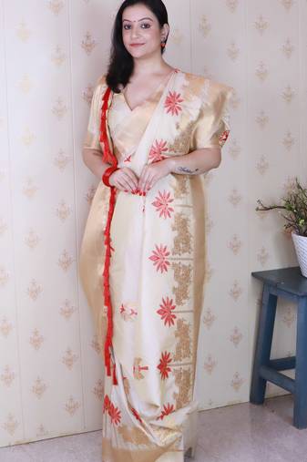 Creamcolor soft silk fabric woven meenakari designer ceremonial partywear saree