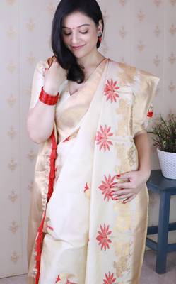 Cream soft silk blend woven meenakari ceremonial partywear saree 3