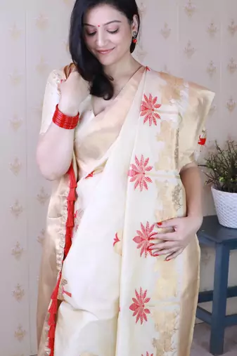 Cream soft silk blend woven meenakari ceremonial partywear saree