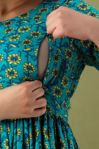 Sky blue  floral printed  cotton flared maternity maxi dress