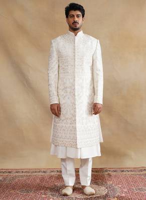 Ivory thread and swarovski embroidered sherwani for men 1
