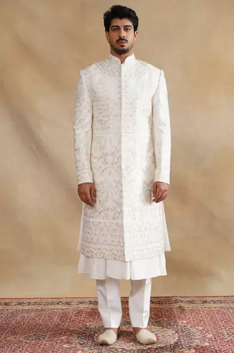 Ivory thread and swarovski embroidered sherwani for men