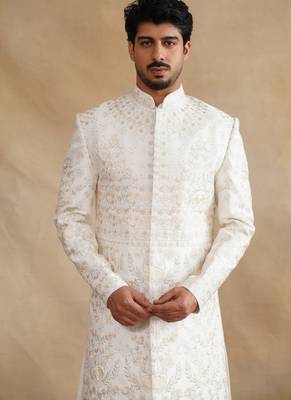 Ivory thread and swarovski embroidered sherwani for men 2