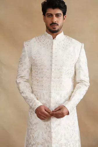 Ivory thread and swarovski embroidered sherwani for men
