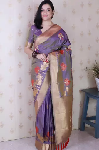 Lavendercolor soft silk fabric woven meenakari designer ceremonial partywear saree