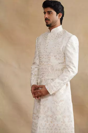 Ivory thread and swarovski embroidered sherwani for men