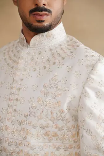 Ivory thread and swarovski embroidered sherwani for men