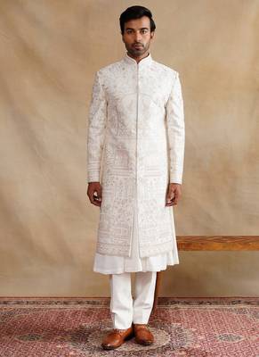 Ivory thread and swarovski embroidered sherwani for men 1