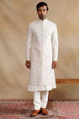 Ivory thread and swarovski embroidered sherwani for men