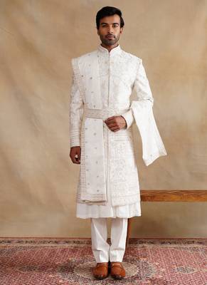 Ivory thread and swarovski embroidered sherwani for men 2