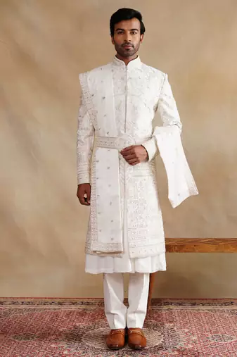 Ivory thread and swarovski embroidered sherwani for men