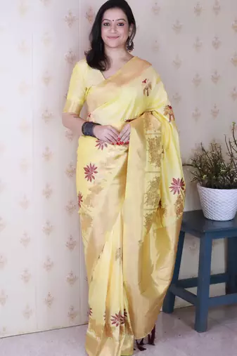 Light yellowcolor soft silk fabric woven meenakari designer ceremonial partywear saree