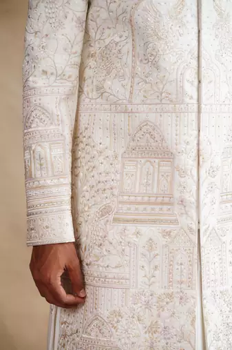 Ivory thread and swarovski embroidered sherwani for men