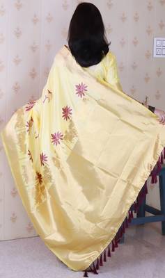 Light yellow soft silk blend woven meenakari ceremonial partywear saree 2