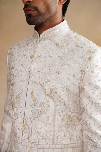 Ivory thread and swarovski embroidered sherwani for men