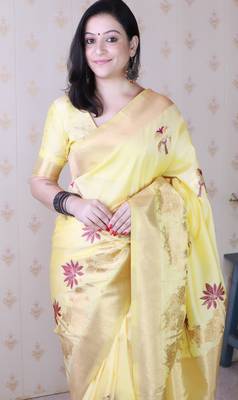 Light yellow soft silk blend woven meenakari ceremonial partywear saree 3