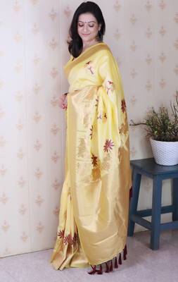 Light yellow soft silk blend woven meenakari ceremonial partywear saree 4