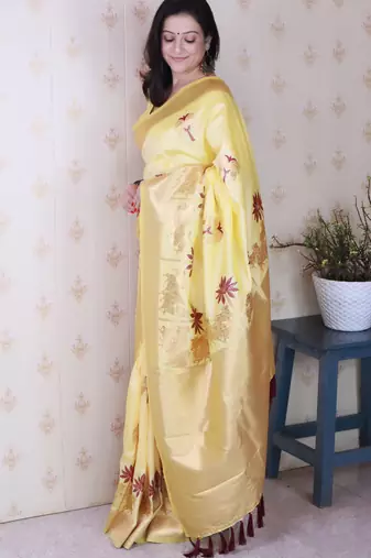 Light yellow soft silk blend woven meenakari ceremonial partywear saree