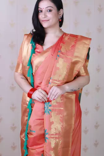 Peach soft silk blend woven meenakari ceremonial partywear saree