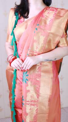 Peach soft silk blend woven meenakari ceremonial partywear saree 3