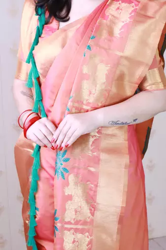 Peach soft silk blend woven meenakari ceremonial partywear saree