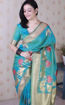 Sky blue soft silk blend woven meenakari ceremonial partywear saree 2