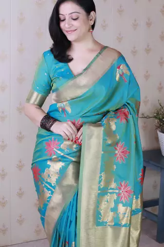 Sky blue soft silk blend woven meenakari ceremonial partywear saree