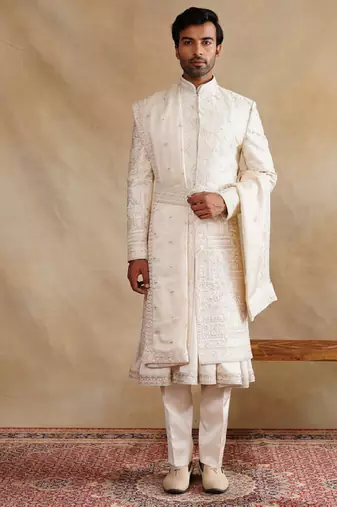 Rose gold thread and swarovski embroidered sherwani for men