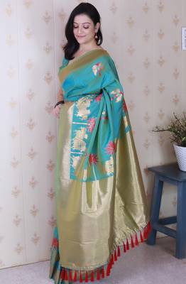 Sky blue soft silk blend woven meenakari ceremonial partywear saree 3