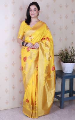 Mustard soft silk blend woven meenakari ceremonial partywear saree 1