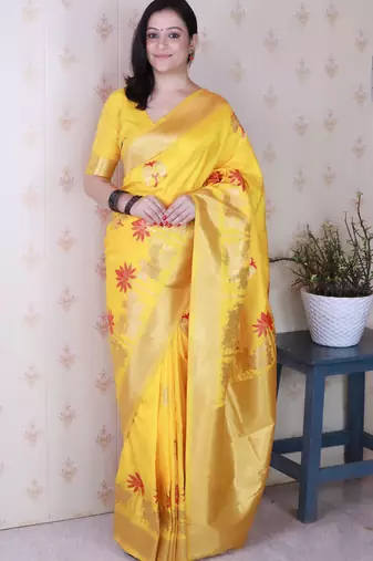 Mustardcolor soft silk fabric woven meenakari designer ceremonial partywear saree