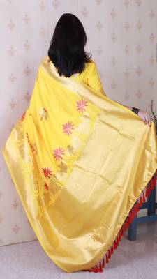 Mustard soft silk blend woven meenakari ceremonial partywear saree 2