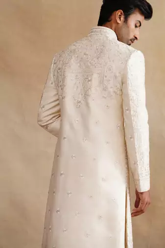 Rose gold thread and swarovski embroidered sherwani for men