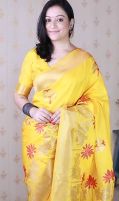 Mustard soft silk blend woven meenakari ceremonial partywear saree 3