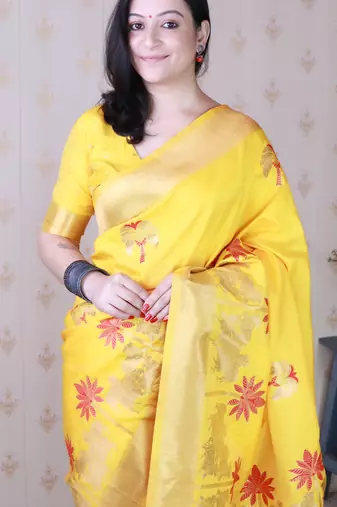 Mustard soft silk blend woven meenakari ceremonial partywear saree