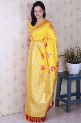 Mustard soft silk blend woven meenakari ceremonial partywear saree 4